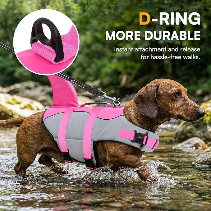 Dog Life Jacket Ripstop Shark Dog Safety Vest Adjustable Preserver with High Buoyancy and Durable Rescue Handle for Small,Medium,Large Dogs, Pink Shark Small