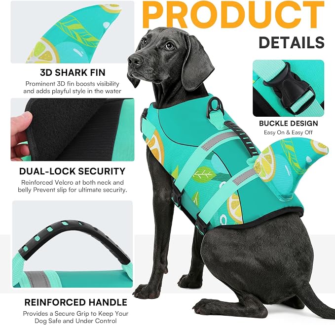 Dog Life Jacket with Rescue Handle - Adjustable Reflective Dog Vest for Swimming, Medium Dog, Green Print M