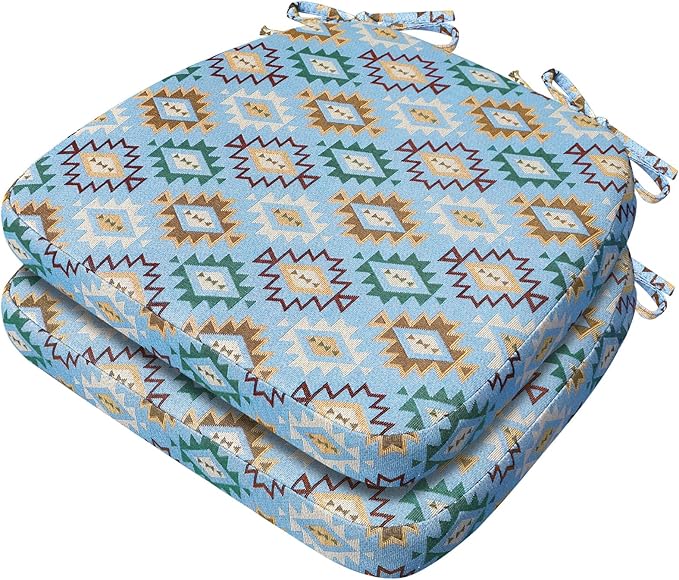 AAAAAcessories D-Shaped Chair Cushions, 2" Thick Dining Chair Pads with Ties and Removable, Machine-Washable Cover, 17" x 16", Set of 2, Geometric Blue