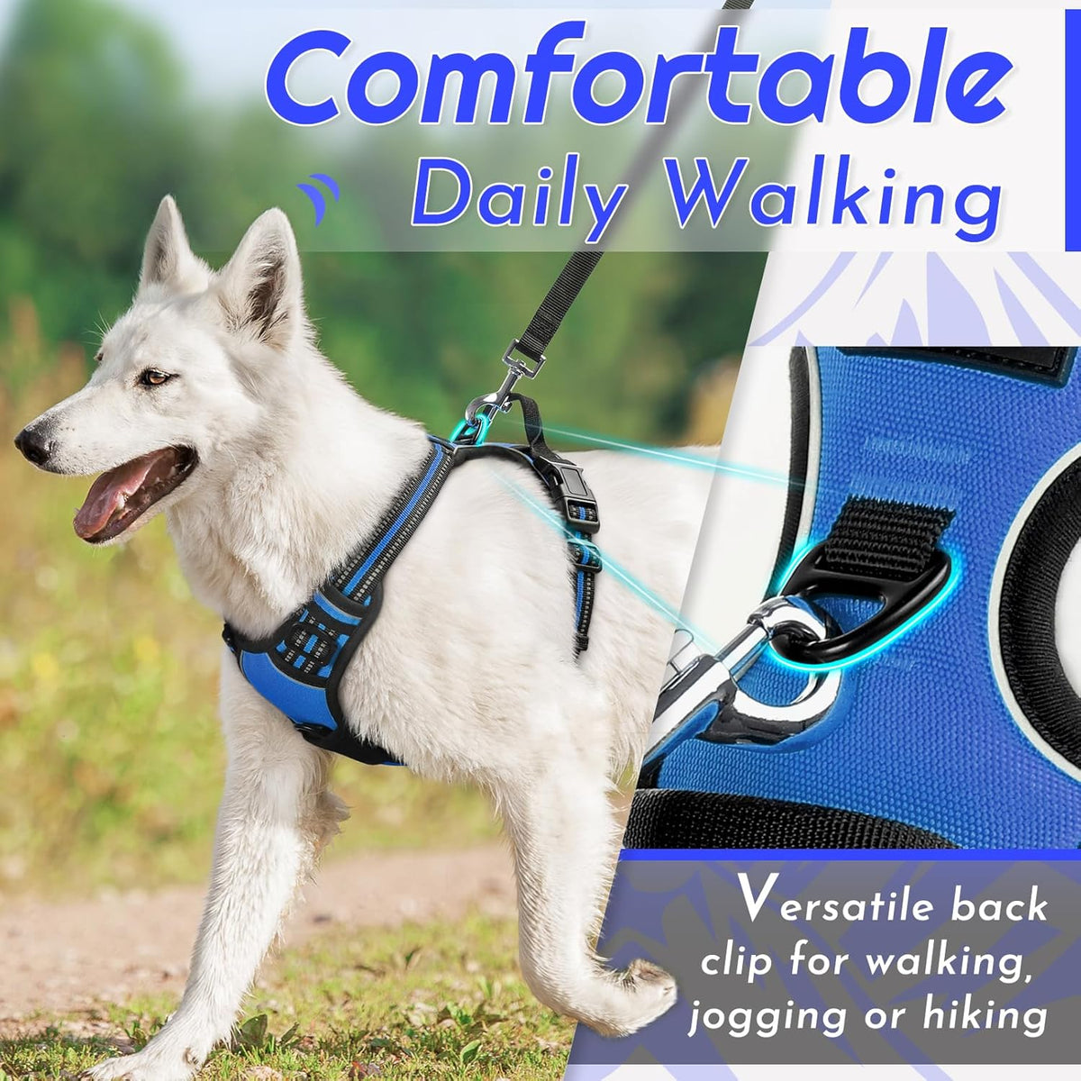Eagloo Dog Harness for Large Dogs, No Pull Service Vest with Reflective Strips and Control Handle, Adjustable and Comfortable for Walking, No Choke Pet Harness with 2 Metal Rings, Blue, XL