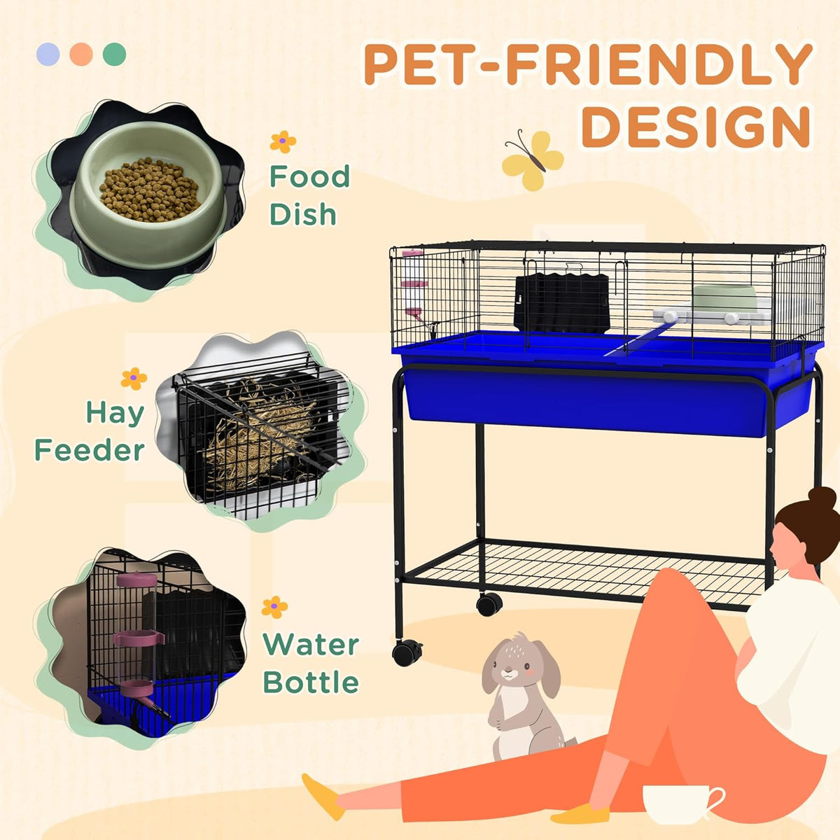 PawHut Two-Story Small Animal Cage Removable from Stand, Guinea Pig Cage with Shelf & Wheels, Pet Habitat for Hedgehog, Chinchilla, Ferret, 33" x 18.5" x 35", Blue