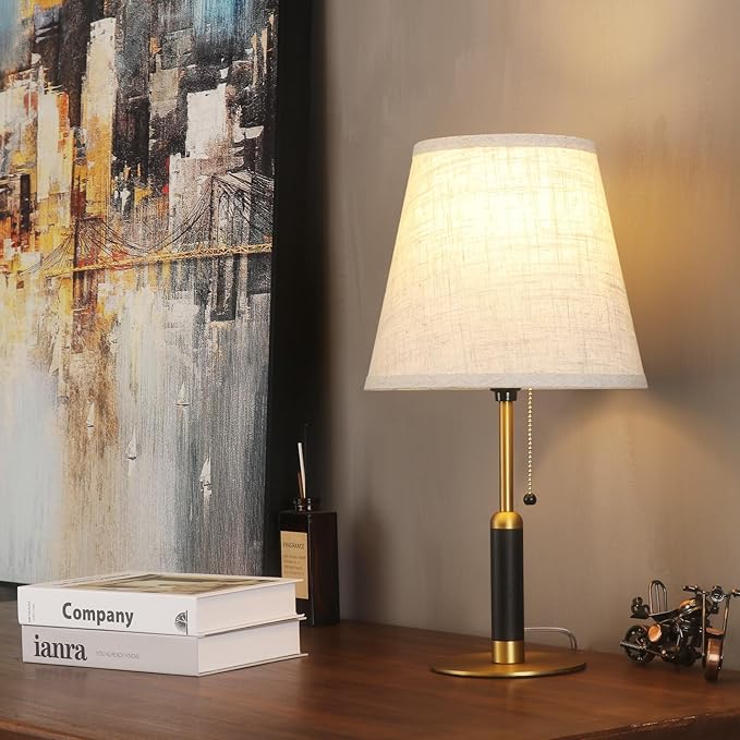 18.9" Bedside Lamps Set of 2 Small Vintage Table Lamp for Bedroom Nightstand Lamp for Living Room 3-Color Temperatures Pull Chain Wood Fabric for Home Office Dorm Decor (Light Brown+Brass)