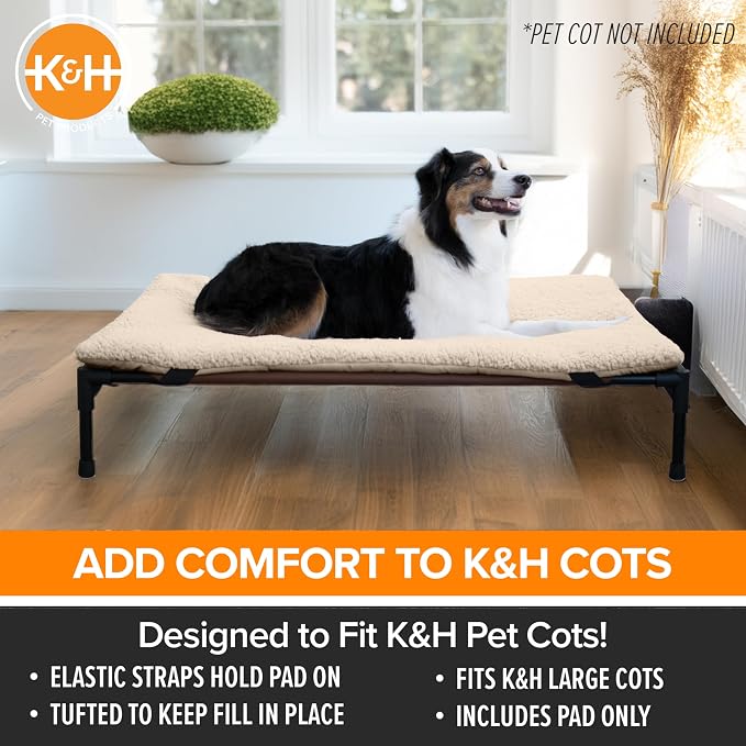 K&H Pet Products Dog Cot Pad (Cot Sold Separately), Pillow-Top Comfort Bed for K&H Large Elevated Dog Beds, Soft & Fluffy, Secure Fit Straps, Machine Washable, Portable - Large 42 X 30in Tan Fleece