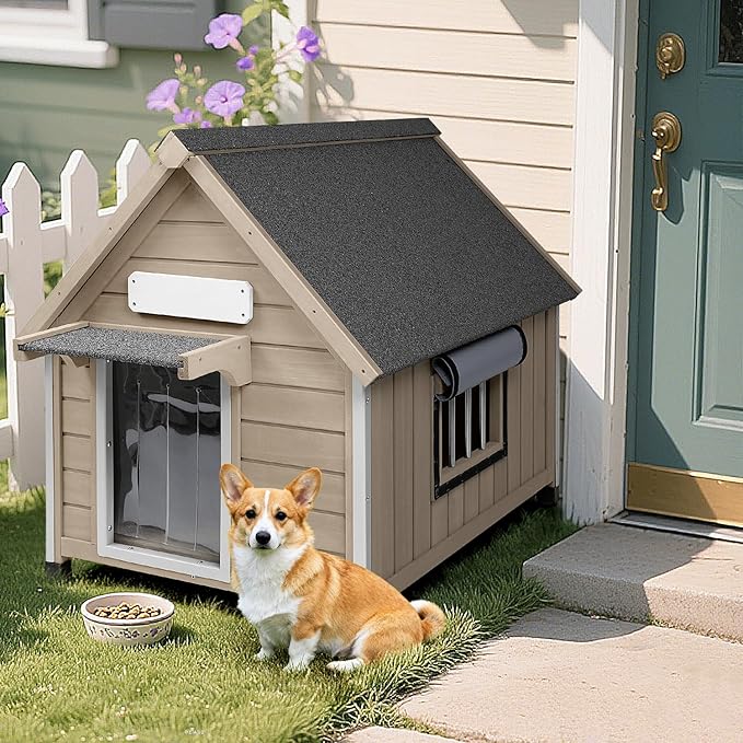 Dog House Outdoor Indoor for Small to Medium Dogs with Window, Anti-Chewing Iron Frame, Weatherproof Doghouse Kennel Puppy Shelter, Easy Clean and Assemble (32" W*26" L*32" H)