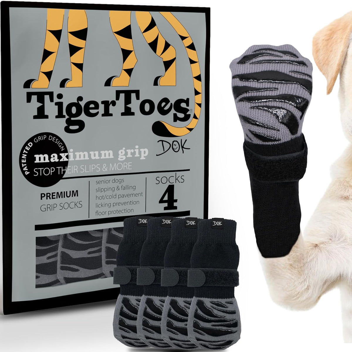 DOK TigerToes Premium Non-Slip Dog Socks for Hardwood Floors - Extra-Thick Grip That Works Even When Twisted - Prevents Licking, Slipping, and Great for Dog Paw Protection (XXXL)