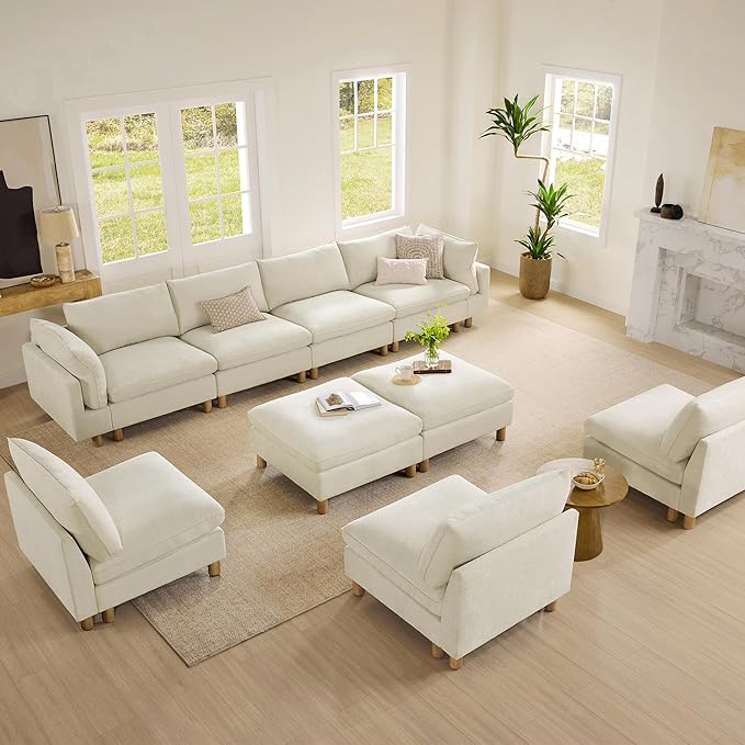 CHITA 92" Super Large Sectional Couches for Living Room, Modular Cloud Couch Sectional Sofa, Premium Fabric Couches, Down Filled, High Density Foam, Chenille in Cream, 2 Seater Loveseat