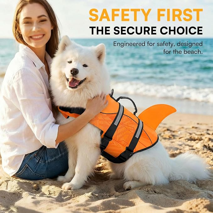 Dog Life Jacket High Flotation, Reflective Dog Life Vest for Swimming, Adjustable Dogs Life Preserver Rescue Handle Spring Summer Pool for Small, Medium, Large Dogs (OrangeLines,M)