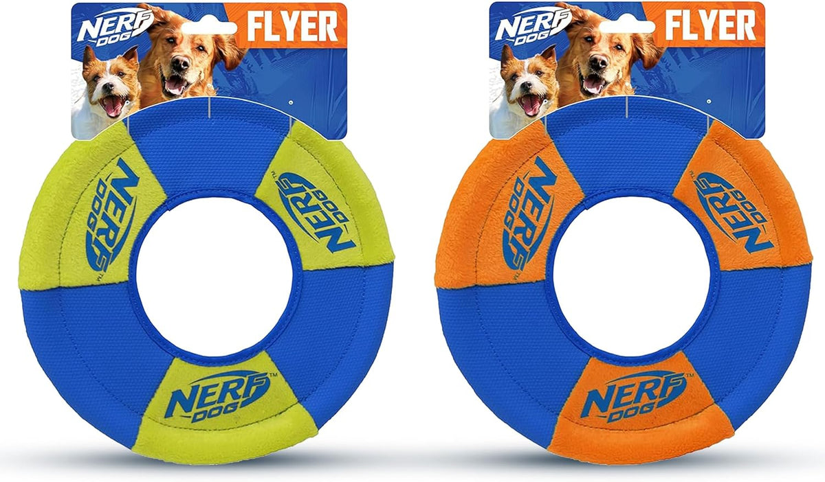 Nerf Dog Trackshot Toss and Tug Ring Outdoor Dog Toy 2 Pack, 9 Inch Dog Tug and Fetch Toy, for Medium and Large Breeds, Blue/Orange/Green