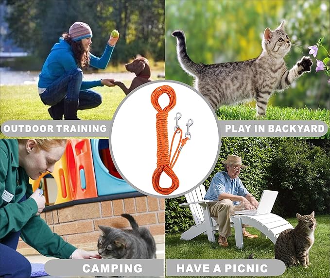 Reflective Cat Leash -50FT Cat Cable Out Escape Proof Walking Leads Yard Long Durable Safe Personalized Extender Leash Traning Play Outdoor for Puppies/Kittens/Rabbits/Small Animals