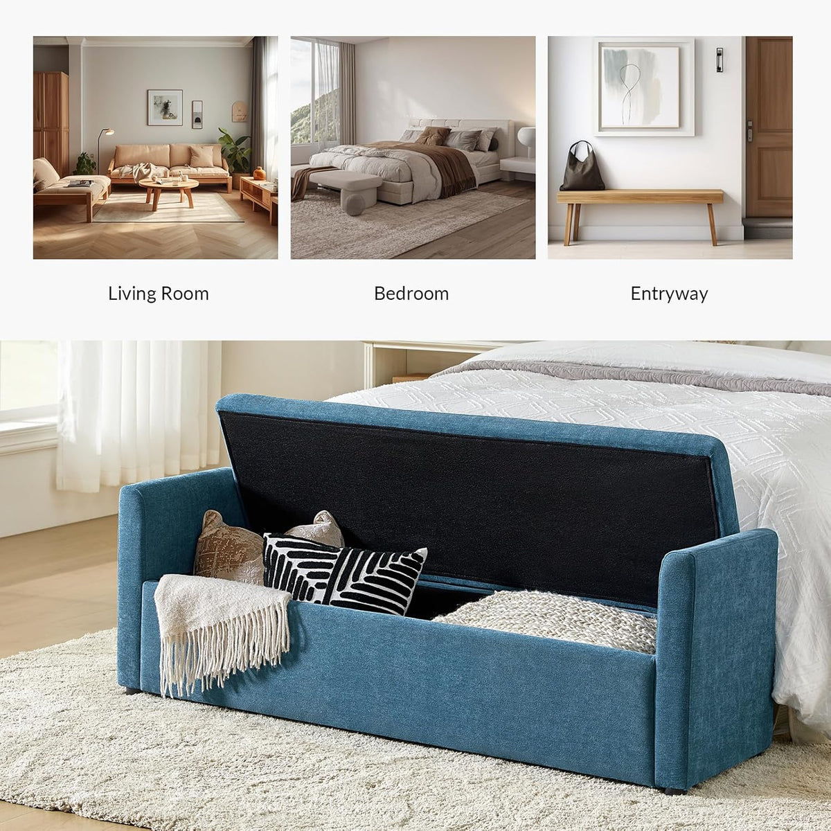 HULALA HOME Modern Storage Bench with Throw Pillows, 59.4" Extra Long Bedroom Ottoman Bench for End of Bed, Comfy Upholstered Footstool for Entryway Dining Room Living Room, Teal
