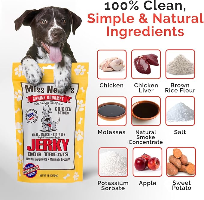 Miss Nelly's - Chicken Jerky Dog Treats - Soft Sticks - USA Made and Sourced - Original Smoke House Recipe - Small Batch Chicken Jerky for Dogs - Minimally Processed - 16 oz. Bag
