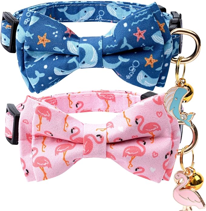 2 Pack Cotton Cat Collar with Bow Tie and Bell for Girl Boy Cats,Cute Pink Flamingo and Blue Whale Pattern Spring Summer Breakaway Cat Collar for Male Female Cats (Flamingo&Whale)