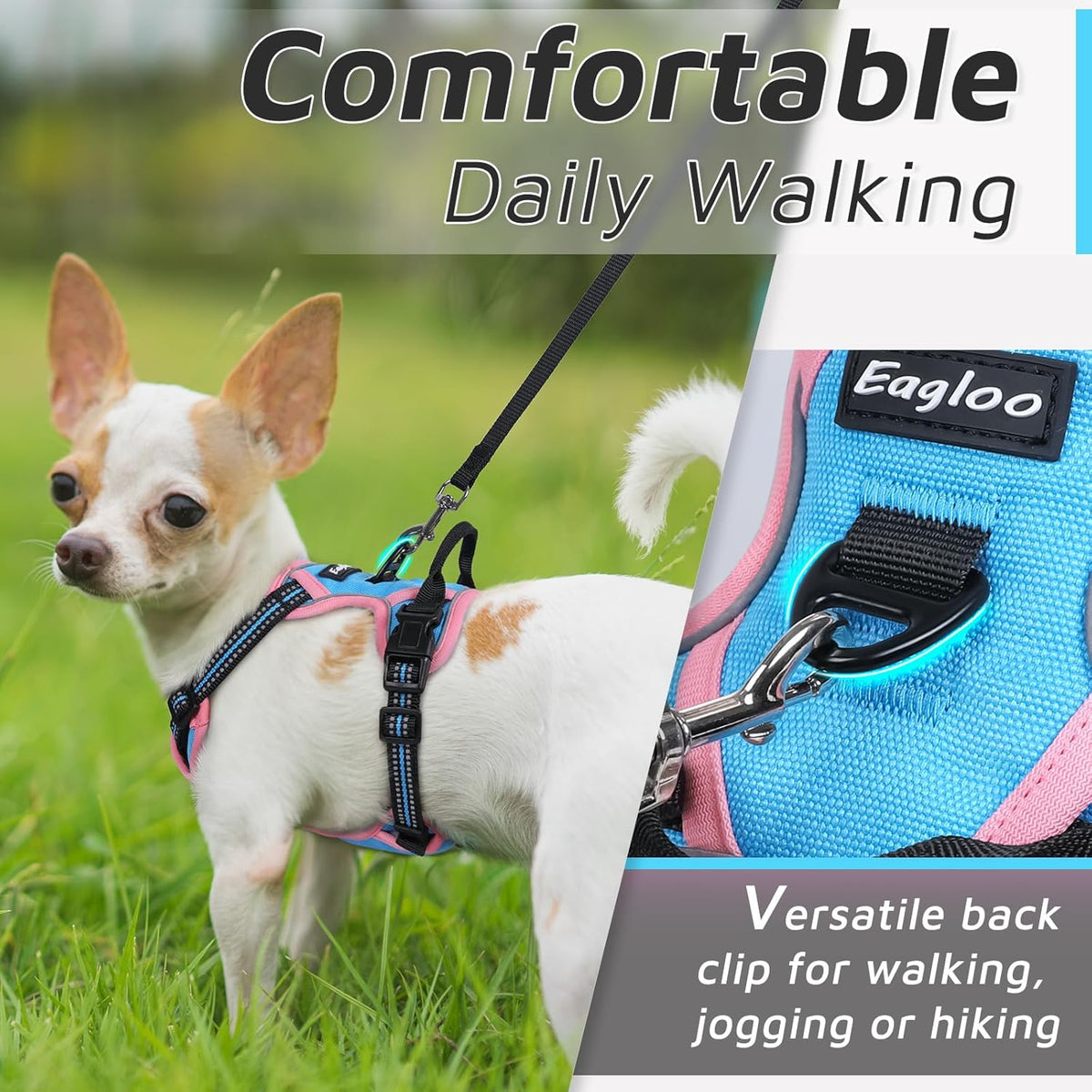 Eagloo Small Dog Harness No Pull, Service Vest with Reflective Strips and Control Handle, Adjustable and Comfortable for Walking, No Choke Pet Harness with 2 Metal Rings, Pink & Blue, XS