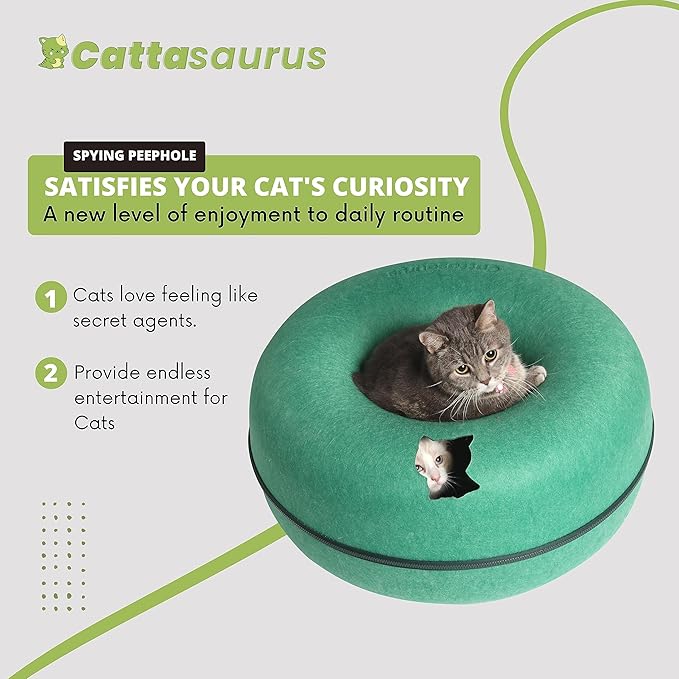 CATTASAURUS Peekaboo Cat Cave for Multiple & Large Cats Up to 30-45 Lbs, Scratch Detachable & Washable Tunnel Bed, Comfy Donut Cat Cave (Forest Green, Large)