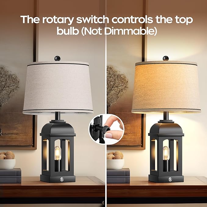 QiMH Table Lamp for Living Room, Farmhouse Lamps with USB A+C and Nightlight, 26" Rustic Bedside Lamps with 3-Way Dimmable Touch Control, Nightstand Lamp for Bedroom, Black, 1 Pack