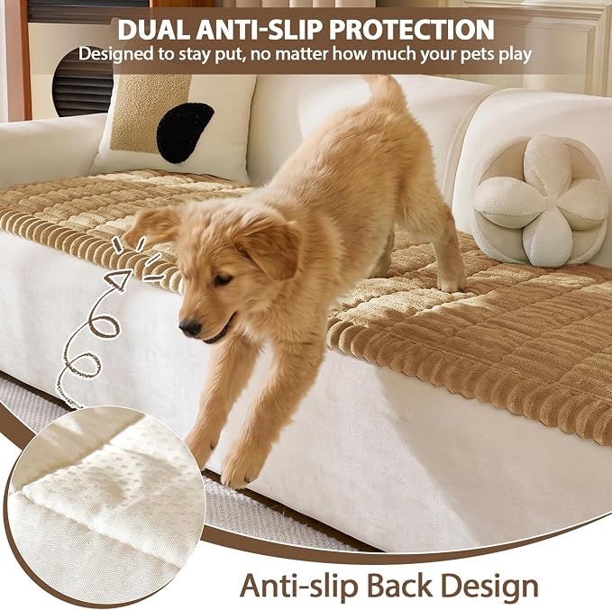 FUANGUI Waterproof Couch Cover Sofa Cover for Dogs and Pets Sofa Protector | Non-Slip Washable Fuzzy Soft Cat Bed Sofa Slipcover for 2-3 Cushion Couch Sofa Pet Friendly, Camel, 27.6" x 82.7", 1 pcs