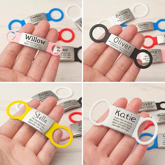 Anavia Slide On Silent Pet ID Tags, S/M/L/XL Personalized Multi-Color Silicone Band Cat Dog Name Tags, Customized Engraved Stainless Steel, Chew-Proof Quiet Dog Collar Tags (Large, Blue)