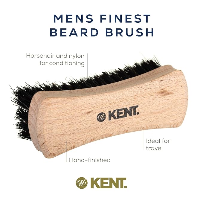 Kent BRD6 Small Travel Men's Beard and Mustache Brush, Natural Boar Bristle for Flawless Shaping and Grooming. Ergonomic Grip Wood Handle. Dry or Wet Beard, Distributes Oils and Balms. Made in England