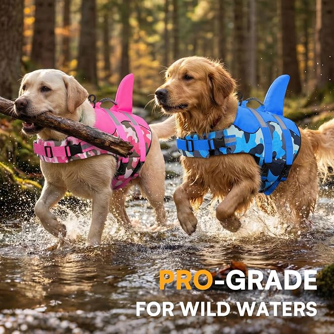 Dog Life Jacket Ripstop Dog Shark Safety Vest Adjustable Preserver with High Buoyancy and Durable Rescue Handle for Small,Medium,Large Dogs, Pink Camouflage XX-Large