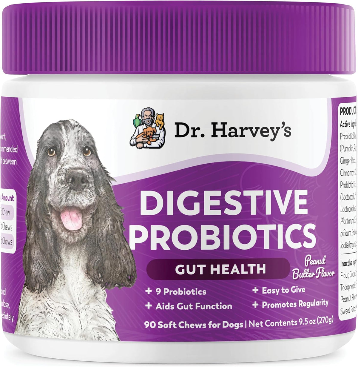 Dr. Harvey's Digestive Probiotic Soft Chews for Dogs, 7 Probiotics for Gut Health, Diarrhea and Bowel Support, Peanut Butter Flavor (90 Chews)