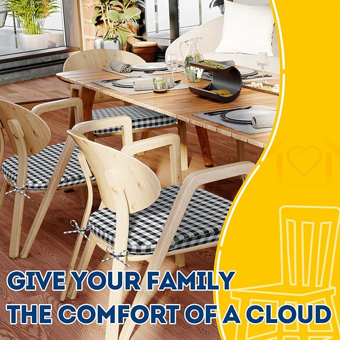 AAAAAcessories D-Shaped Chair Cushions, 2" Thick Dining Chair Pads with Ties and Removable, Machine-Washable Cover, 17" x 16", Checkered Black/White