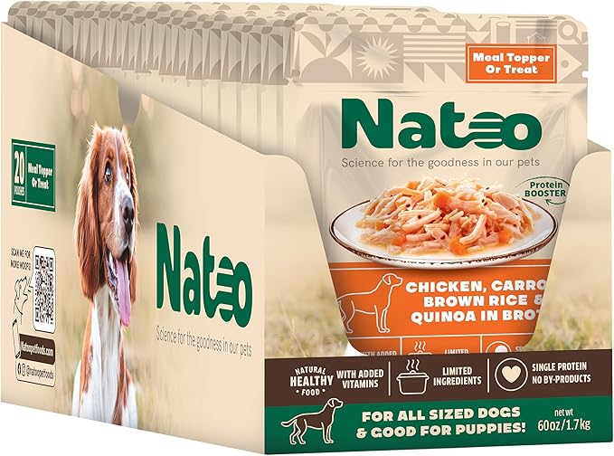 Natoo Dog Food Topper for Picky Eaters, Dog Treat (Chicken, Carrot, Brown Rice, & Quinoa) Dog Toppers for Dry Food, Wet Meal Toppers for Dogs & Puppies, Limited Ingredient Dog Food (Case of 20) 3oz Ea