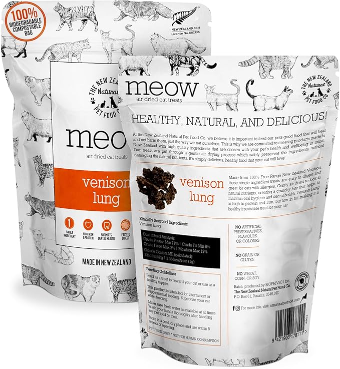 The New Zealand Natural Pet Food Co Meow Air Dried Cat Treats - Venison Lung, High Protein, Healthy Cat Snacks and Toppers, All Natural for All Life Stages, 1.76 oz