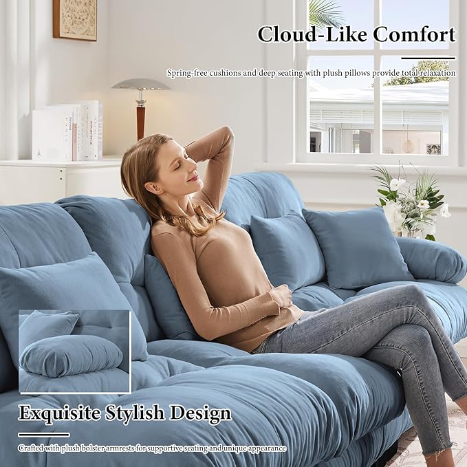 133.8" Oversized Couch, 3 Seater Modular Sectional Sofa, Blue Large Sectional Couches for Living Room, Fluffy Chenille Fabric Cloud Couch with 5 Pillows, Deep Seat Sofas