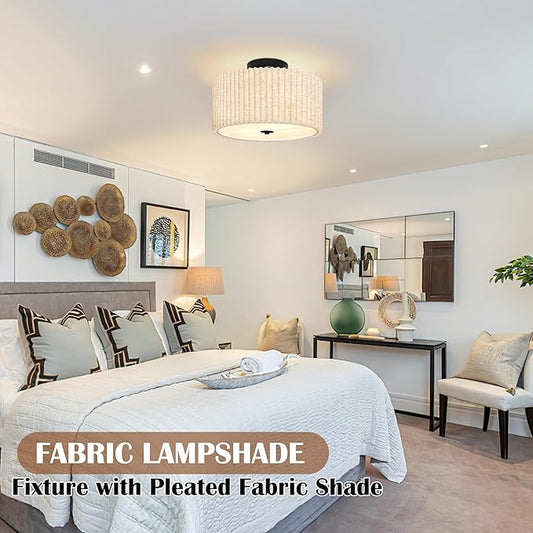 2 Light Semi Flush Mount Ceiling Light Fixture 12.6 Inch Modern Black Drum Ceiling Light Fixture with Pleated Fabric Shade Dimmable Close to Ceiling Light for Living Room Hallway Bedroom Entryway