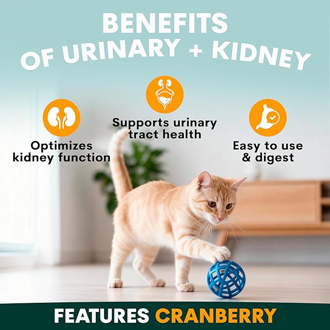 Urinary and Kidney Powder Supplement for Cats - Cranberry, Nettle Seed, D-Mannose for Cat UTI Treatment, Urinary Tract Health, and Kidney Care - Fast UTI Relief & Prevention - 60 Scoops