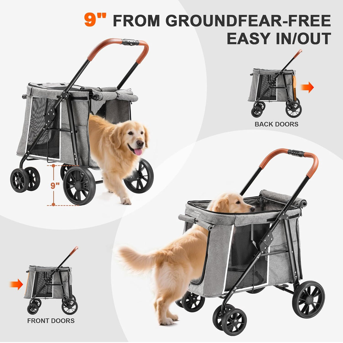 Medium Dog Stroller, Dual Entry One-Touch Folding,Small and Medium Pet Stroller,360° Rotating Front Wheels,70 lbs Weight Capacity for Outdoor Travel and Elderly Dogs - Gray