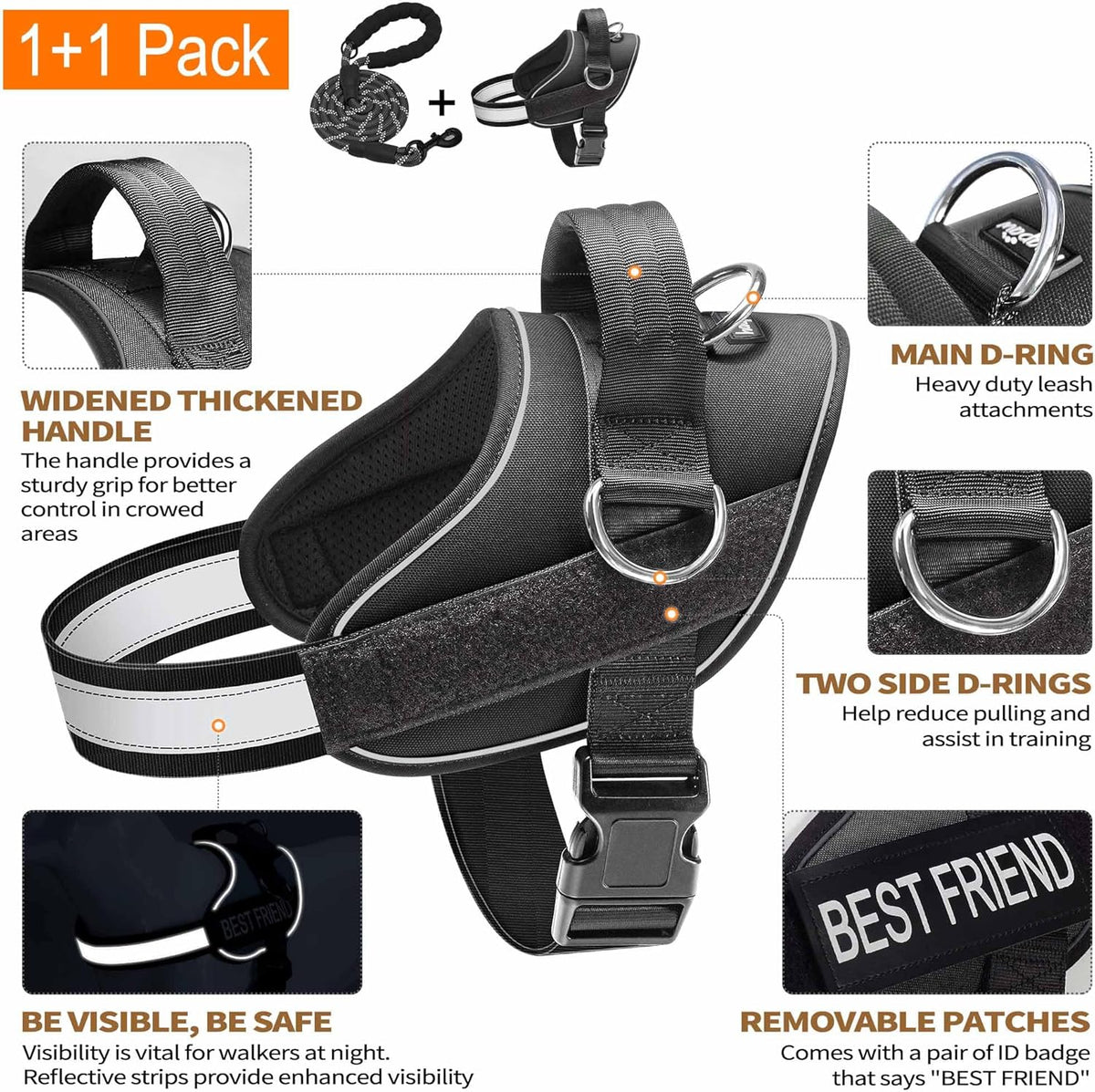 Haapaw Essential Dog Harness, No Pull Pet Vest with 3 Leash Clips, No Choke, Reflective, Adjustable and Padded, for Easy Walking and Training for Medium Dogs(M, Black)