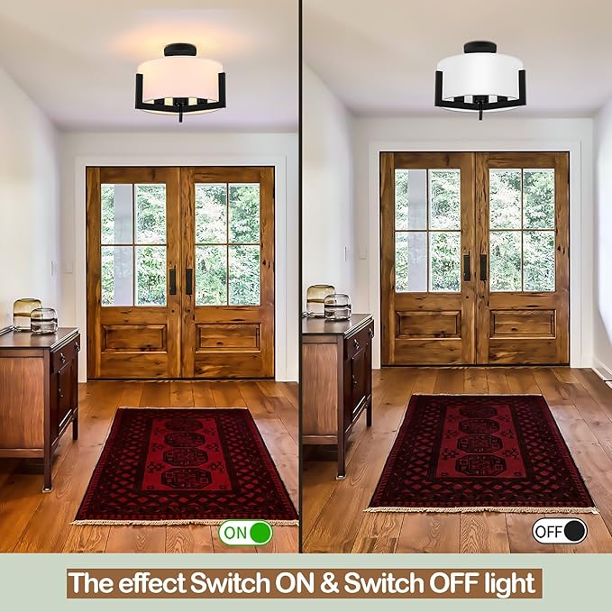 16 inch Semi Flush Mount Ceiling Light: 3-Light Black Modern Light Fixtures Ceiling Mount with Drum Fabric Shade, Close to Ceiling Lamp for Bedroom, Kitchen, Entryway (Bulb Exclude)