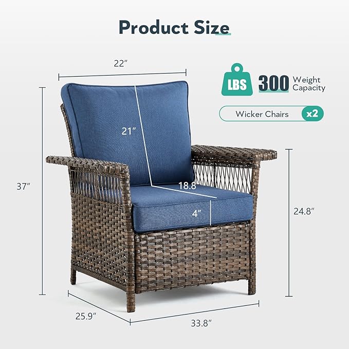 Wicker Outdoor Chairs Set of 2 - Hollow Widen Armrests Patio Furniture Set with Comfortable Thickened Cushion, High Back Outdoor Rattan Chairs for Balcony Porch Deck and Yard - Brown - Blue