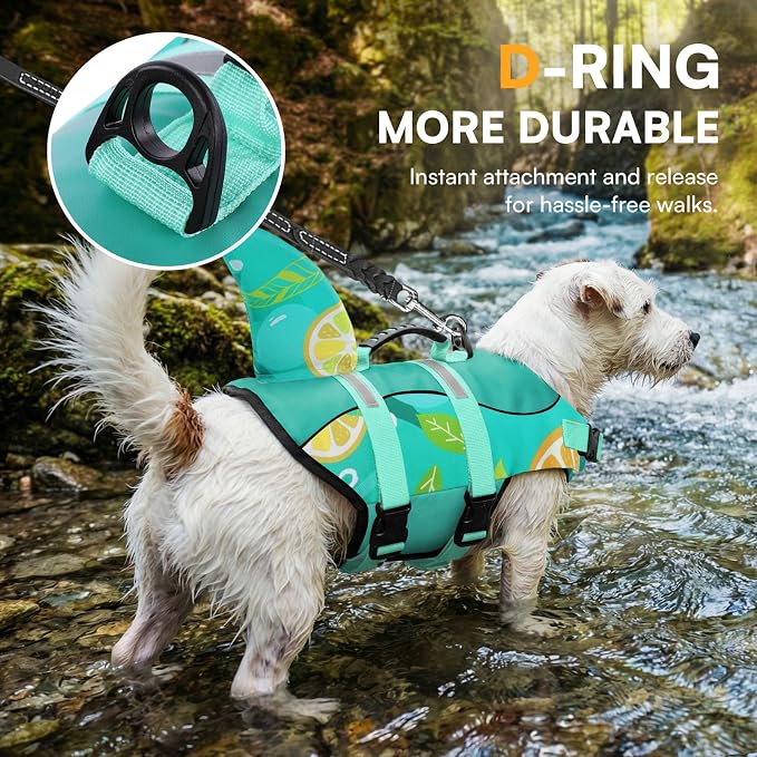 Dog Shark Life Jacket with Rescue Handle - Adjustable Reflective Dog Life Preserver for Large Dogs, Green Print XL