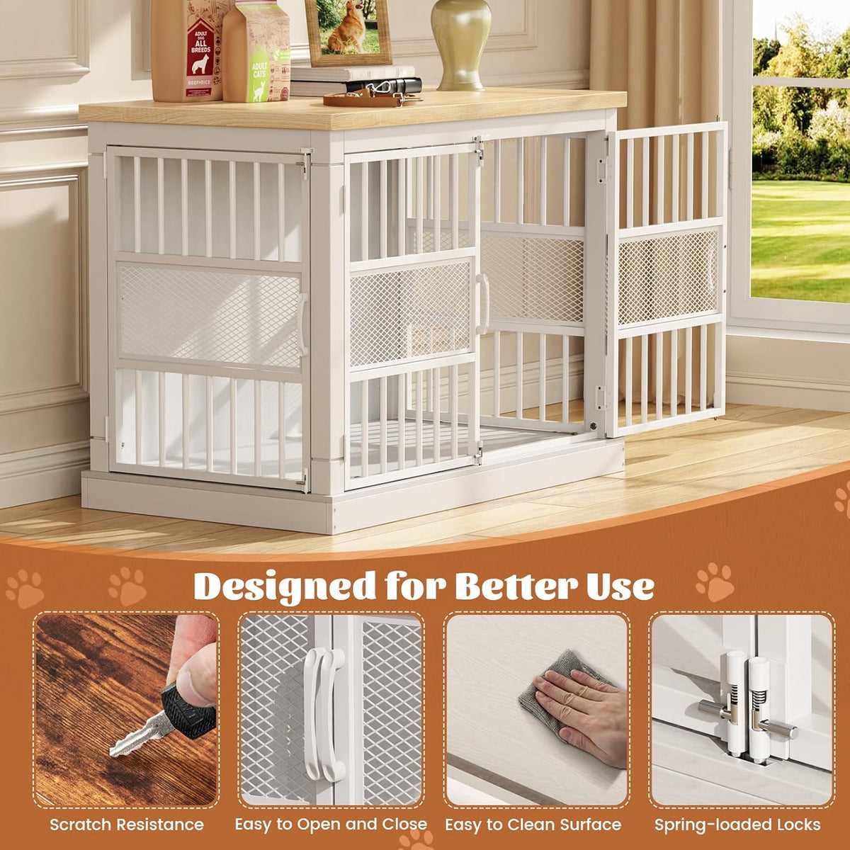 VOPEAK Dog Crate Furniture, Chew Resistant Dog Crate for Dogs, Heavy Duty Dog Crates Dog Kennel Cage Indoor with Double Doors, End Table for Bedroom Living Room (White, 40.9" L x 23.6" W x 30.7" H)