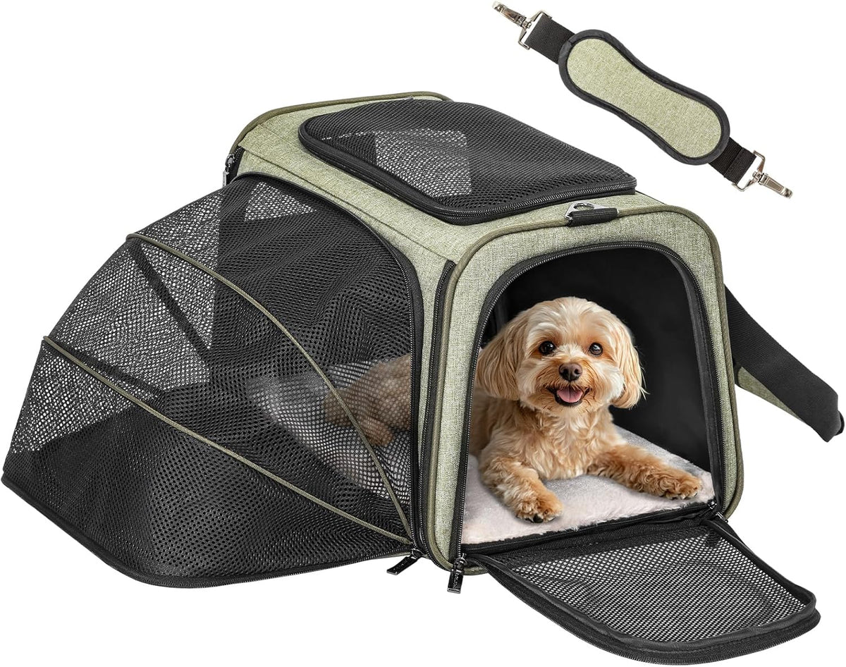 Petsfit Expandable Cat Carrier Dog Carrier,Airline Approved Soft-Sided Portable Pet Travel Washable Carrier for Kittens,Puppies,Removable Soft Plush mat and Pockets,Locking Safety Zippers