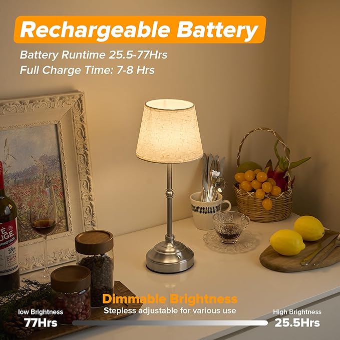 Cordless Table Lamp, Rechargeable Desk Lamp with Fabric Shade, Battery Operated Lamp 3 Color Stepless Dimming, Portable Touch Bedside Lamp Home Decor for Dining, Counter (Brushed Sliver)