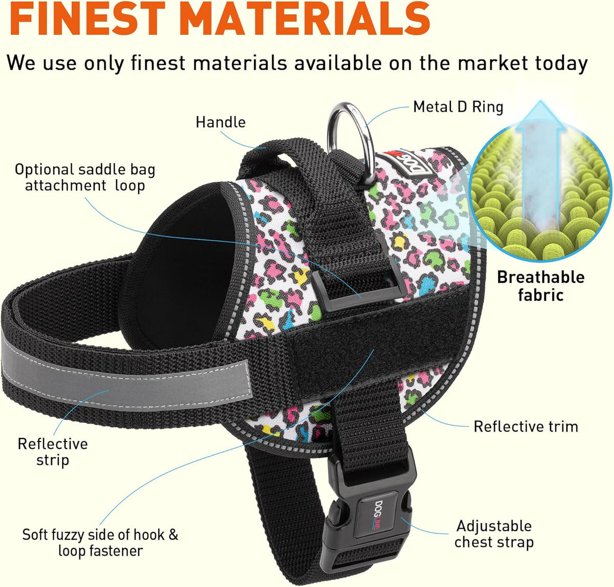 Dogline Dog Harness, Reflective No-Pull Adjustable Vest with Handle for Walking, Training, Breathable, No - Choke Harness for Small, Medium or Large Dogs Room for Patches Leopard Rainbow XS 15"-18"