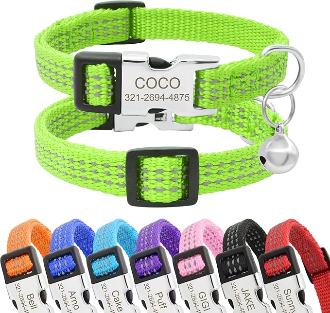 Personalized Reflective Nylon Cat Collar with Name Phone,Custom Engraved Buckle Cat Collar with Bell,Adjustable for Small Dogs Puppy Kitten (Green,fit 7.5''-12.0'')
