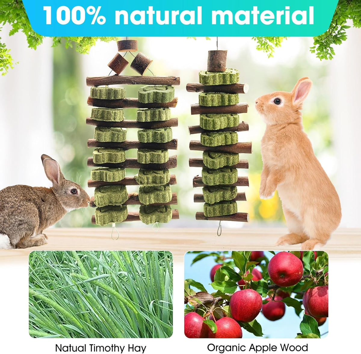 WDEFUN Natural Peach Wood Clover Cake Teeth Grinding Toy String - Rabbit Snack Chewing Toy, Safe and Durable Pet Teeth Grinding Rod, Caring for Dental Health