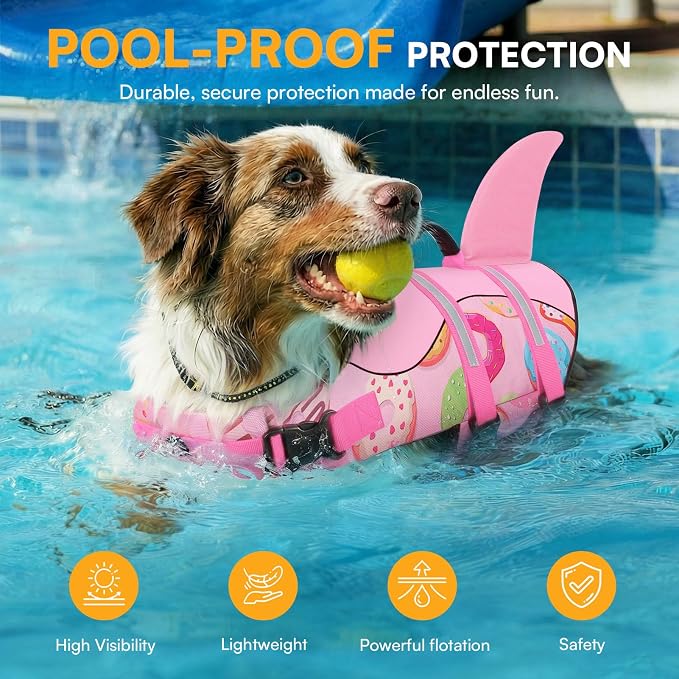 Dog Life Jacket, Dog Life Vest for Swimming, High Flotation Shark Swimming Safety Vest for Large Dods, Adjustable Reflective Pet Lifesaver Preserver, Pink Donut L