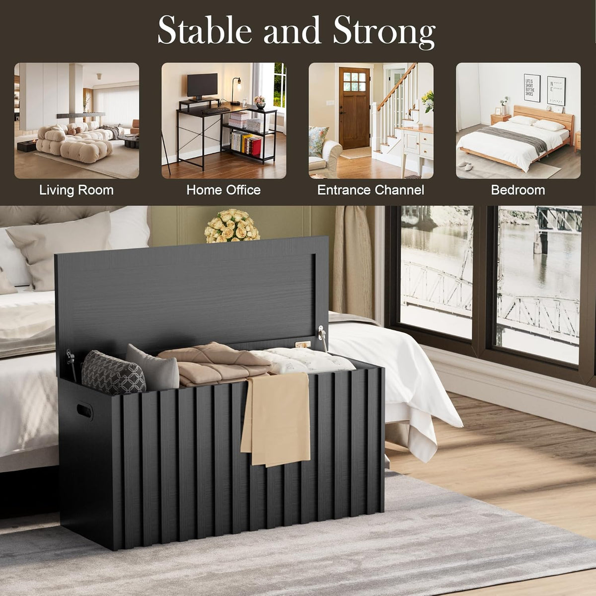 UEV Storage Bench,39.4" Wood Box, Storage Trunk with 2 Safety Hinges, Ottoman Storage Chest, Fluted Storage Bench for Bedroom, Entryway, Living Room(Black)