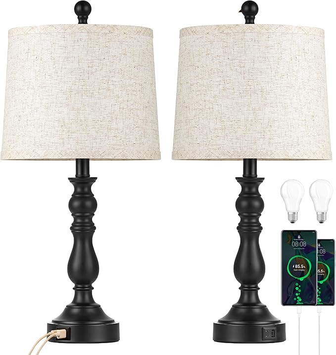 23'' Farmhouse Table Lamps for Living Room Set of 2 with USB C+A Ports, Retro Bedside Lamp for Bedroom, Office, Dining Room, Knob Switch, 3 Color Temperatures, Bulb Included, Black