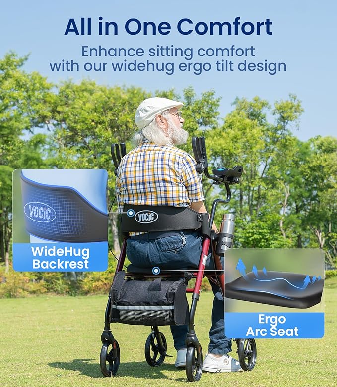 VOCIC Walkers for Seniors, Upright Walker with Adjustable Armrests, Z22 GelCool Stand Up Walker with Ergo Seat & Backrest, 8" All Terrain Rollator with 300lb,Cup& Cane Holder