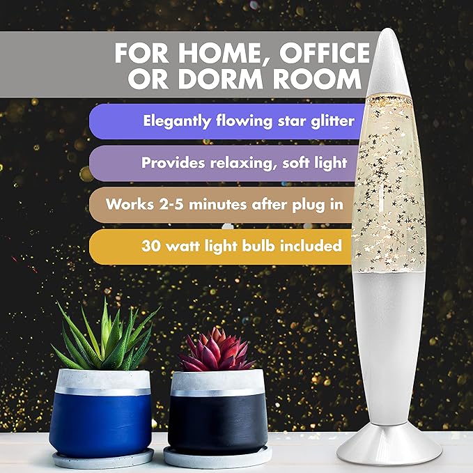 Jambo 16-Inch Silver Star Glitter Lamp I Beautiful Liquid Lamp I Entertaining for Adults and Kids I Perfect Holiday Gift