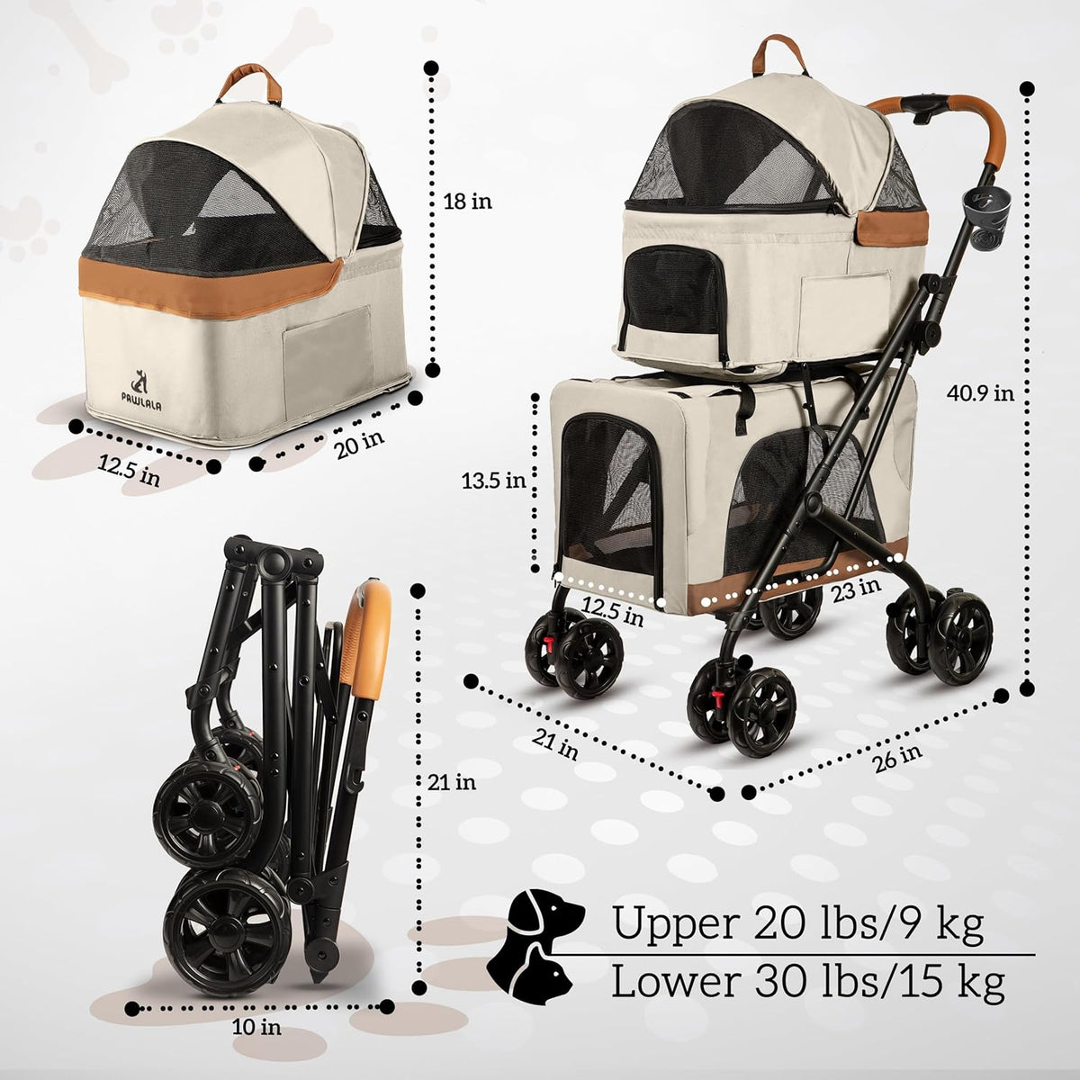 Double Pet Stroller with Detachable Carriers - Ideal for 2 Dogs or Cats - Compact & Convenient Design - Easy Assembly Double Dog Stroller - Cosmic Beige