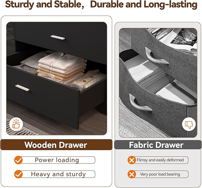 Dresser with Power Outlets Wooden 6 Drawer Dresser with Large Organizer Black