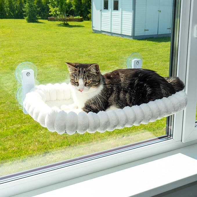 Cat Window Perch — Premium Cat Window Hammock with 4 Large Suction Cups & Soft Bubble Cushion; Strong Rustproof Metal Frame Window Bed Holding 40lbs; Easy Assembly Perch for Indoor Cats; White