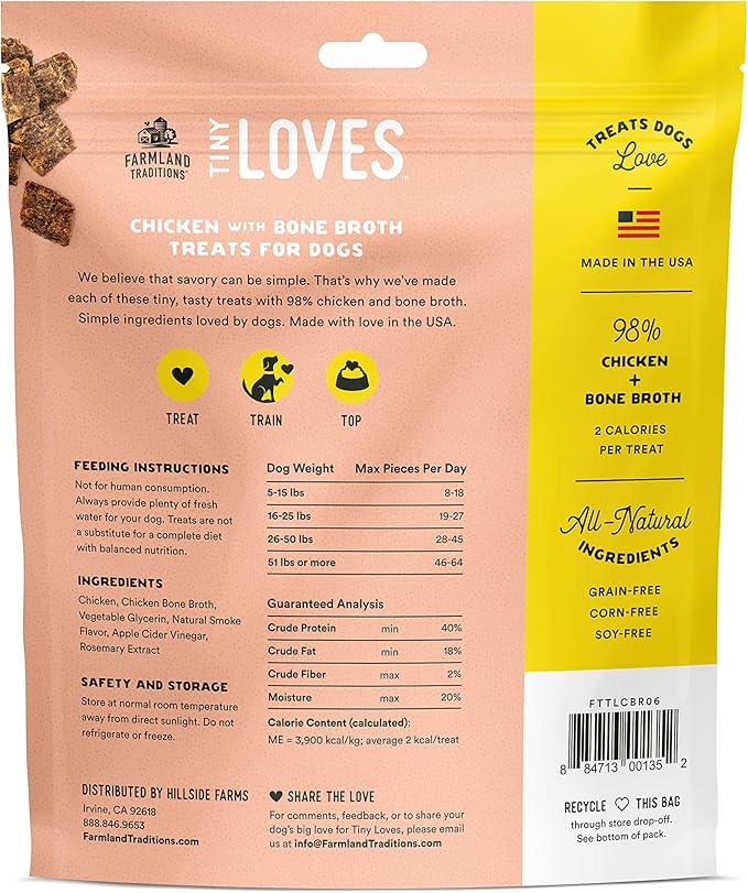 Farmland Traditions Tiny Loves Jerky Trainer Treats for Dogs w/Bone Broth (Chicken, 6 oz.)